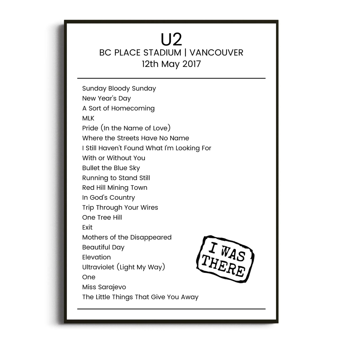 U2 Vancouver 12 May 2017 Setlist Poster