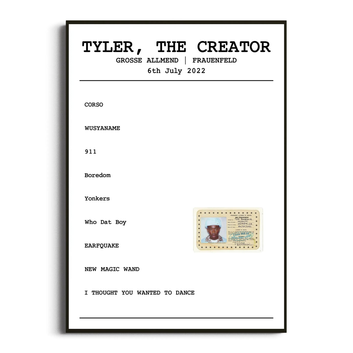 Tyler, The Creator Frauenfeld 06 July 2022 Setlist Poster