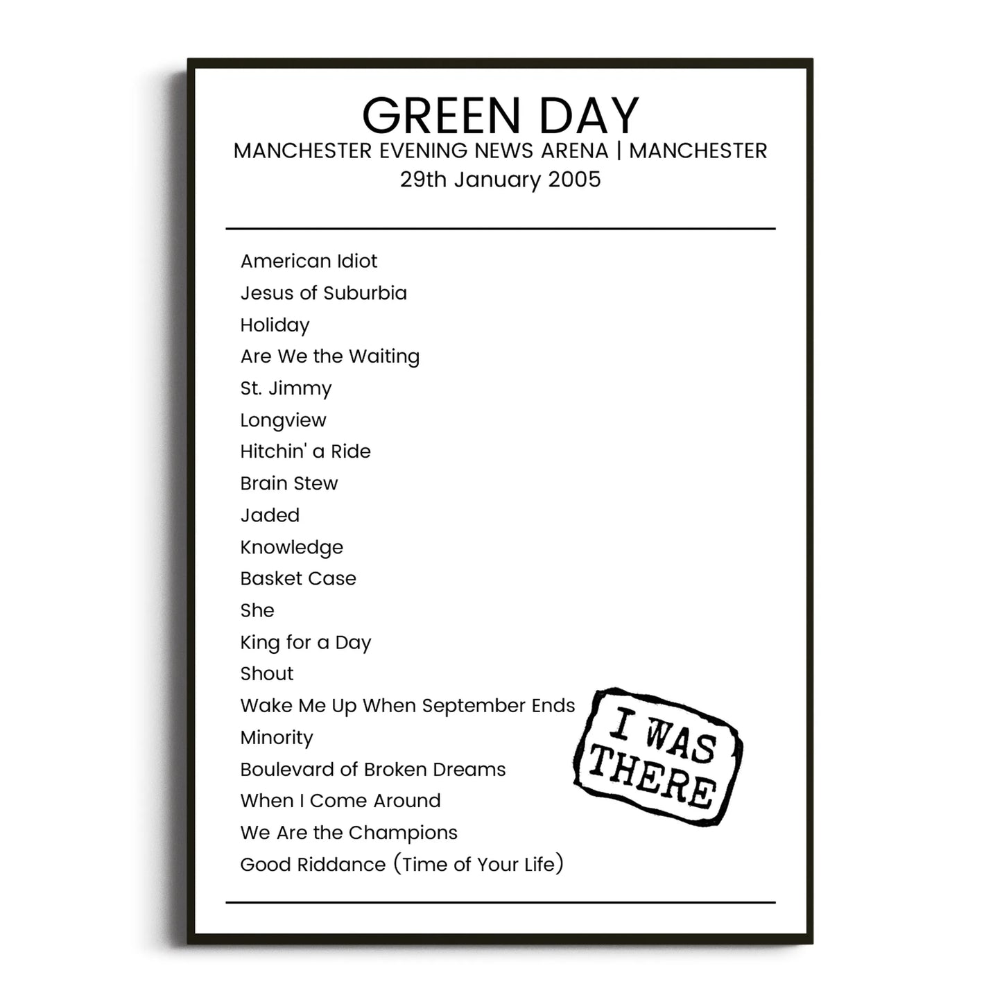 Green Day Manchester 29 January 2005 Setlist Poster