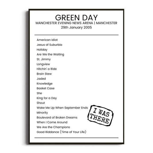 Green Day Manchester 29 January 2005 Setlist Poster