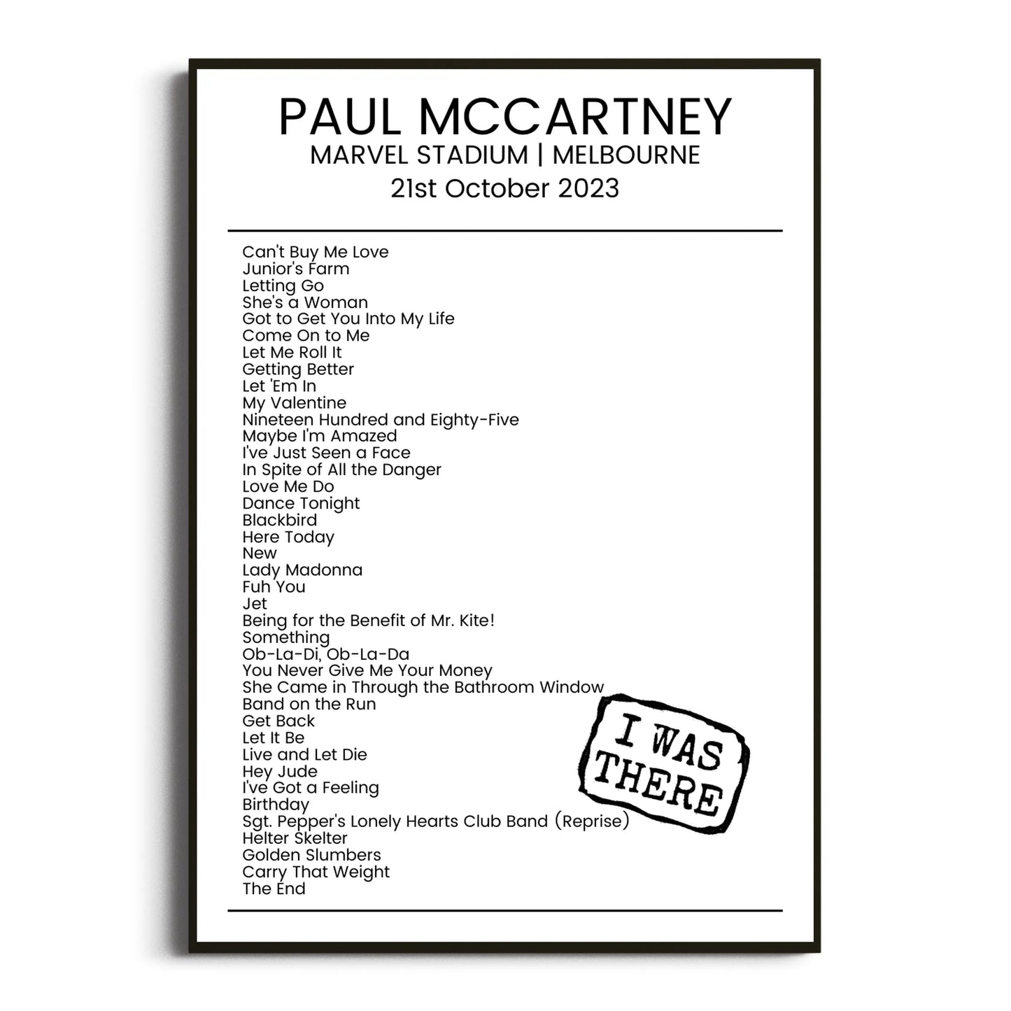 Paul McCartney Melbourne 21 October 2023 Setlist Poster