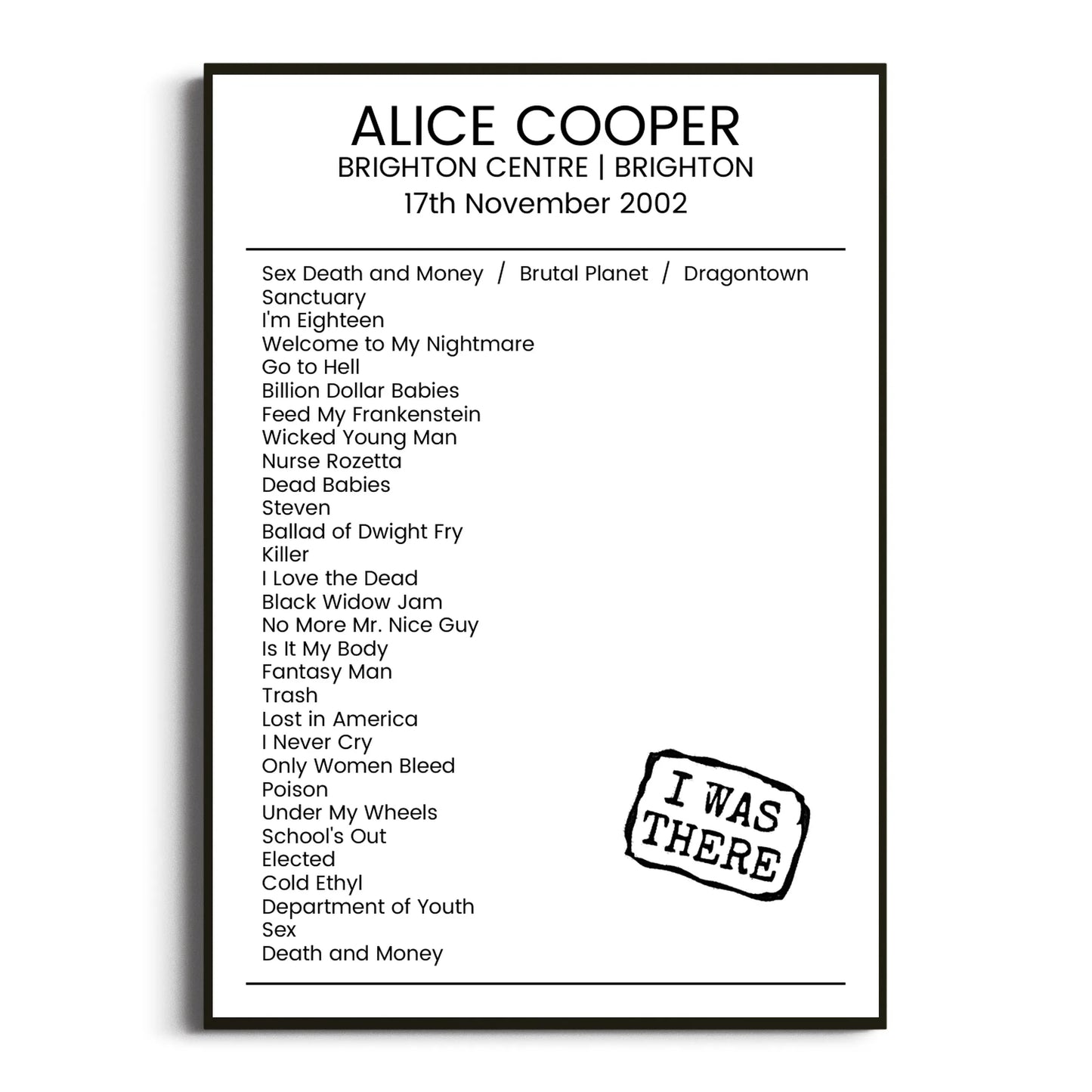 Alice Cooper Brighton 17 November 2002 Setlist Poster