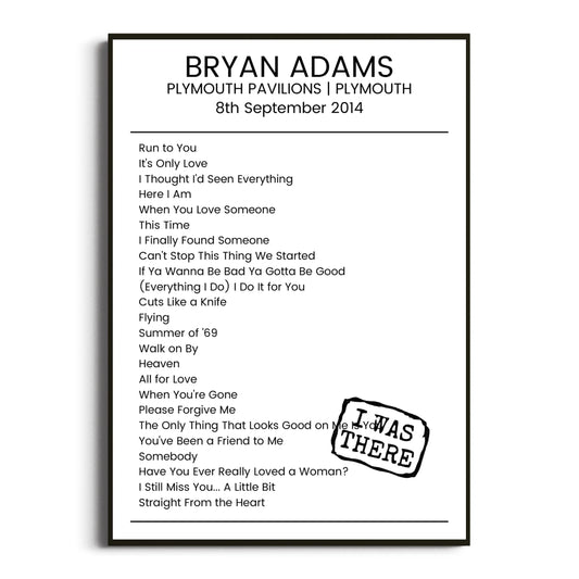 Bryan Adams Plymouth 08 September 2014 Setlist Poster