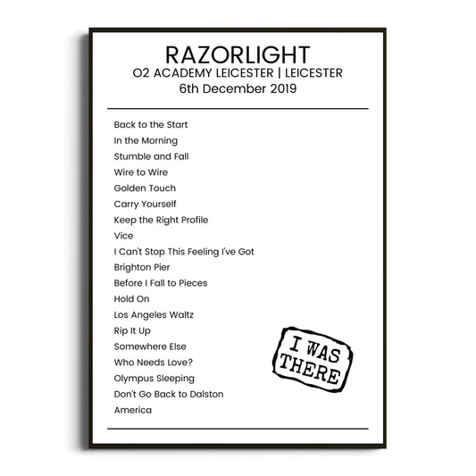 Razorlight Leicester 06 December 2019 Setlist Poster