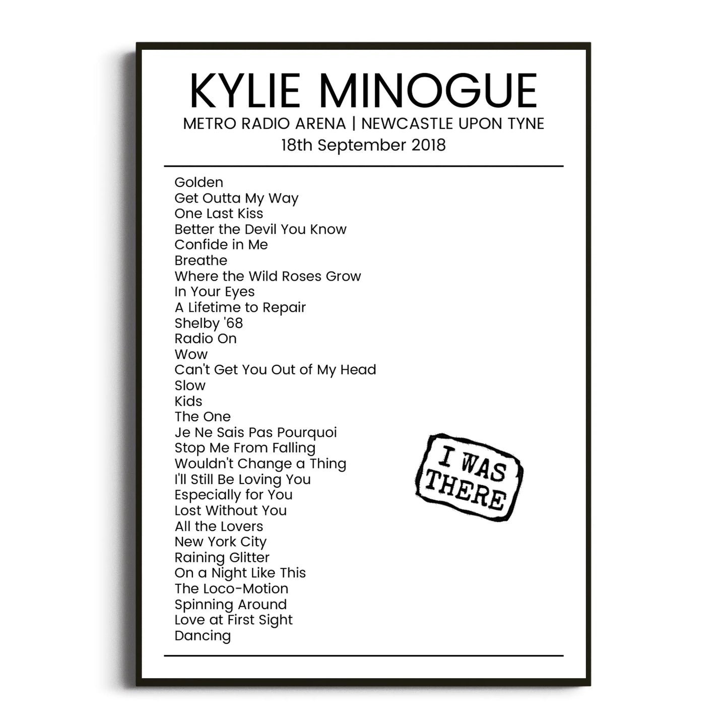 Kylie Minogue Newcastle upon Tyne 18 September 2018 Setlist Poster