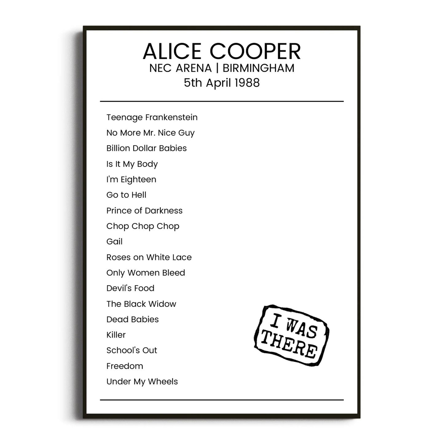 Alice Cooper Birmingham 05 April 1988 Setlist Poster