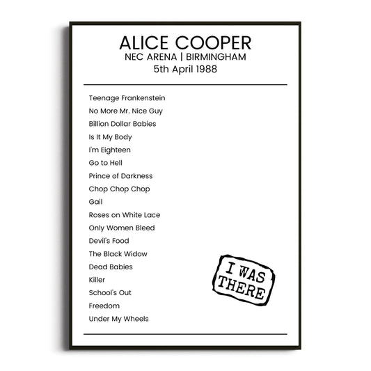 Alice Cooper Birmingham 05 April 1988 Setlist Poster