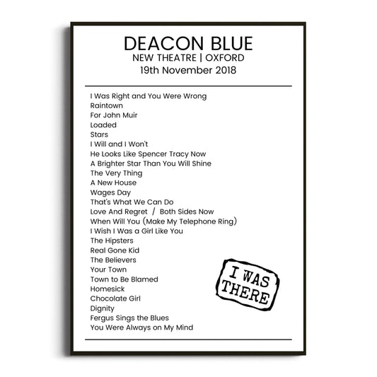 Deacon Blue Oxford 19 November 2018 Setlist Poster