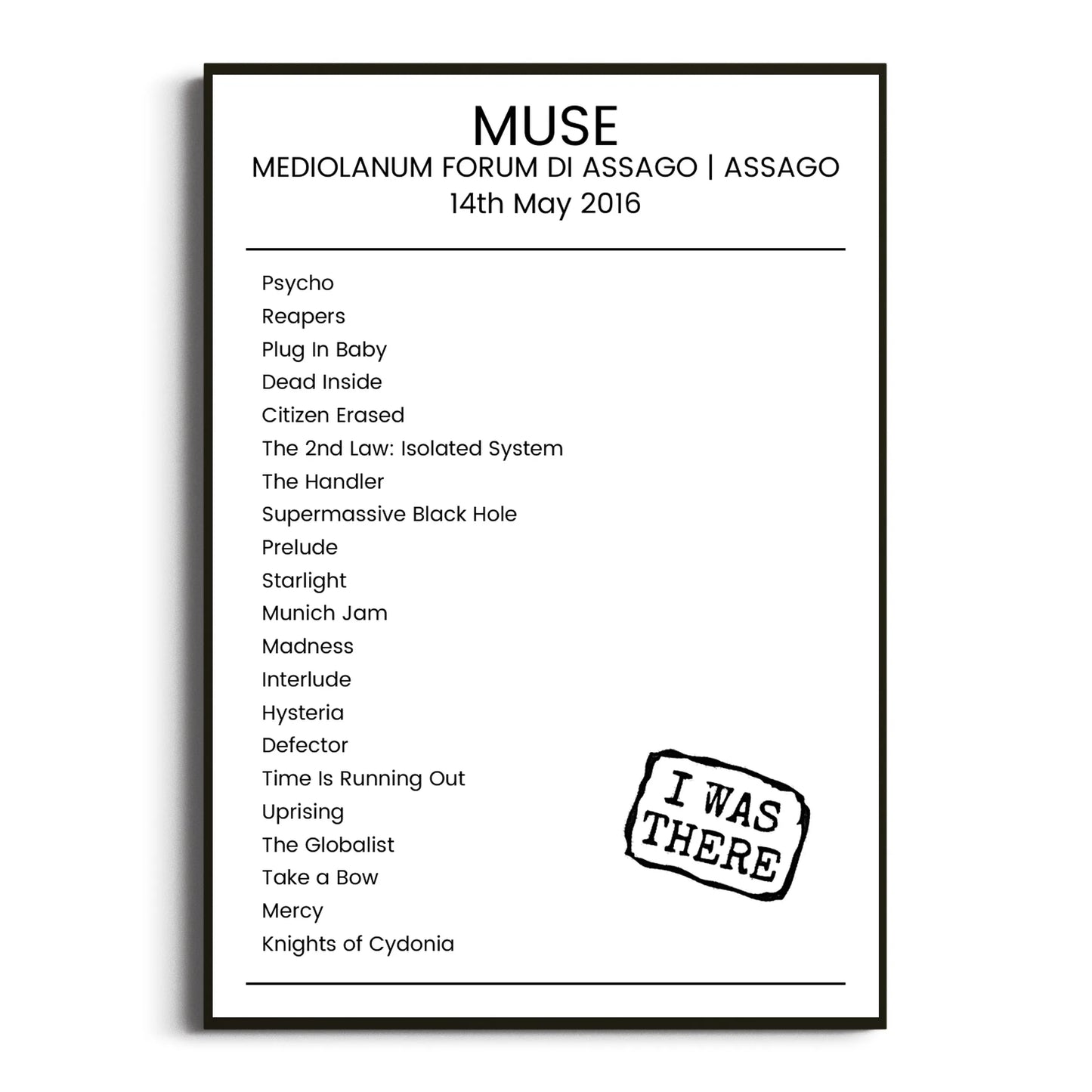 Muse Assago 14 May 2016 Setlist Poster