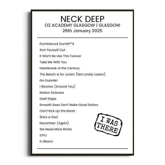 Neck Deep Glasgow 26 January 2025 Setlist Poster