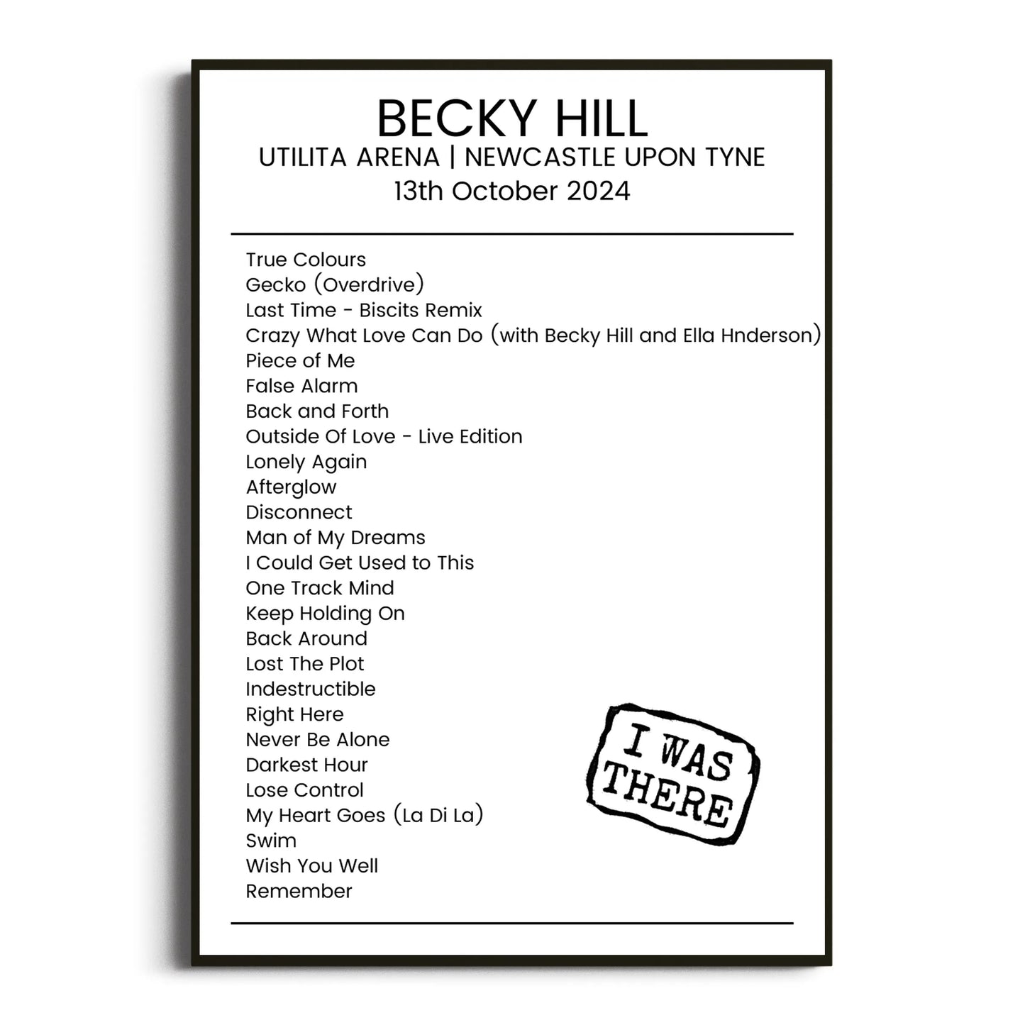 Becky Hill Newcastle upon Tyne 13 October 2024 Setlist Poster