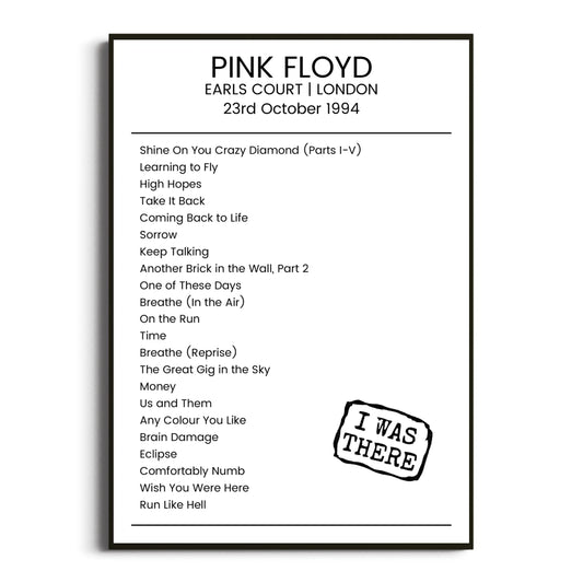 Pink Floyd London 23 October 1994 Setlist Poster