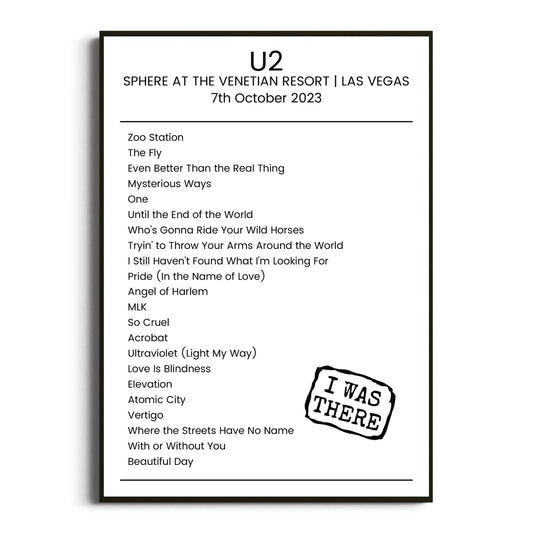 U2 Las Vegas 07 October 2023 Setlist Poster