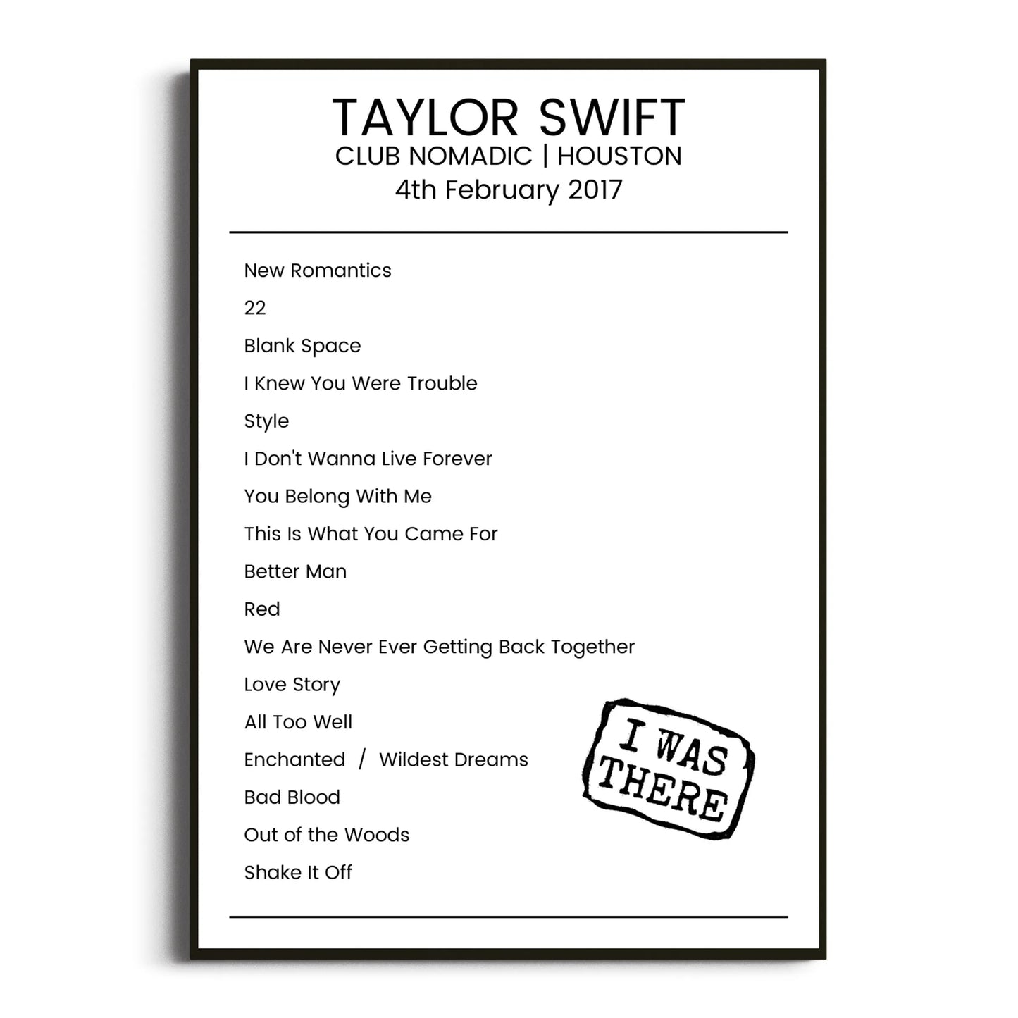 Taylor Swift Houston 04 February 2017 Setlist Poster