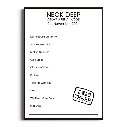 Neck Deep Łódź 09 November 2024 Setlist Poster