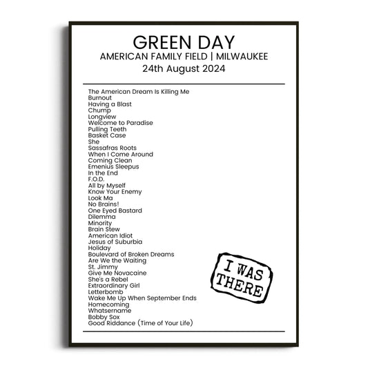 Green Day Milwaukee 24 August 2024 Setlist Poster