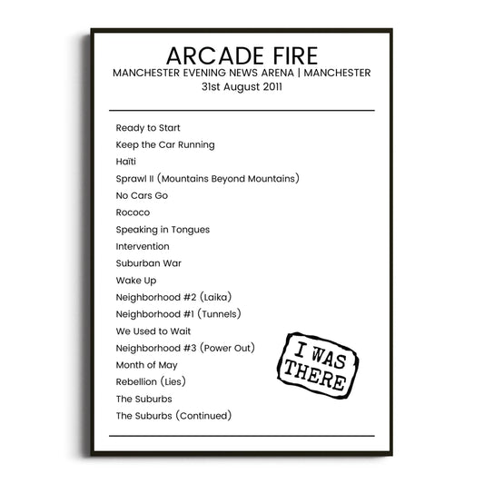 Arcade Fire Manchester 31 August 2011 Setlist Poster