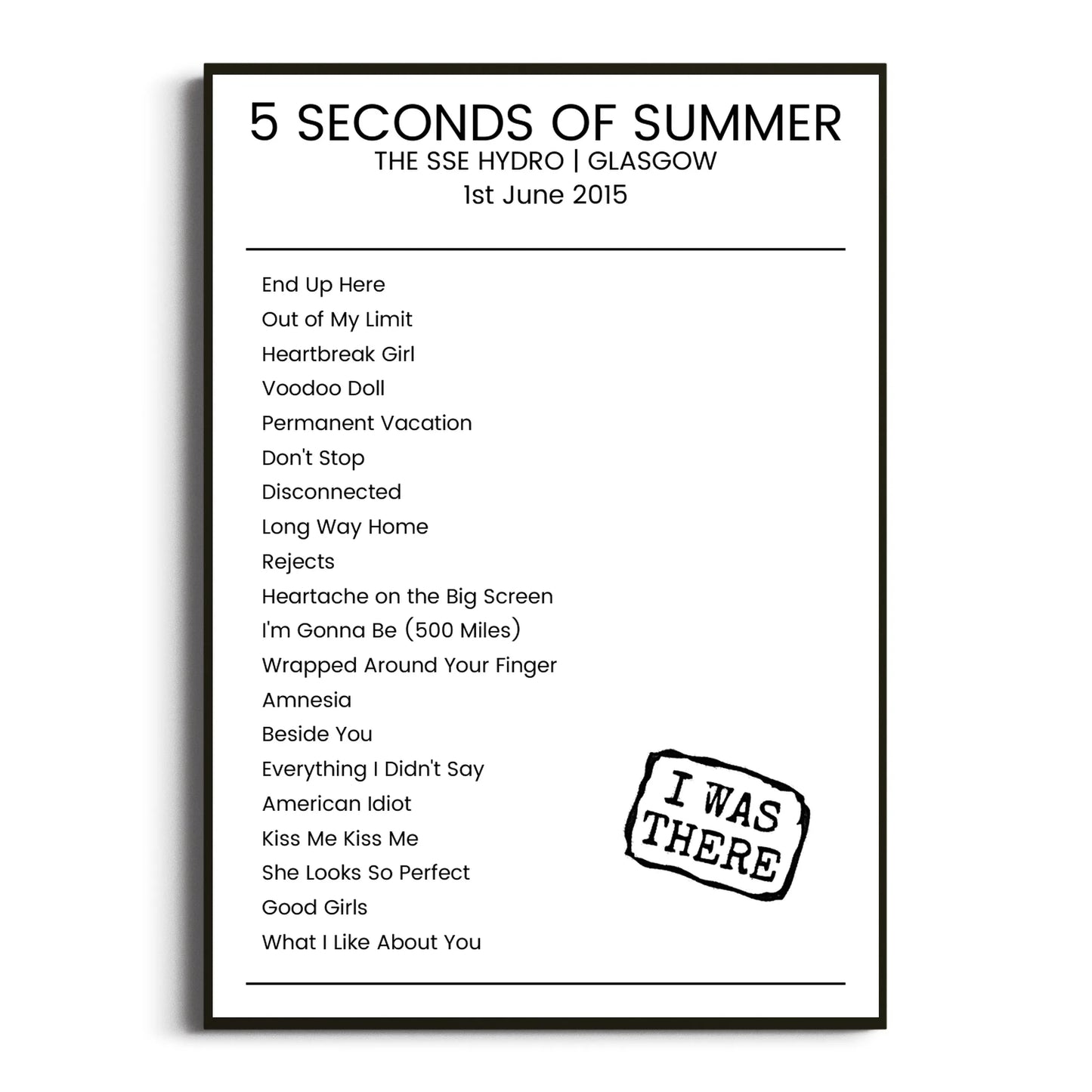 5 Seconds of Summer Glasgow 01 June 2015 Setlist Poster