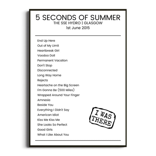 5 Seconds of Summer Glasgow 01 June 2015 Setlist Poster