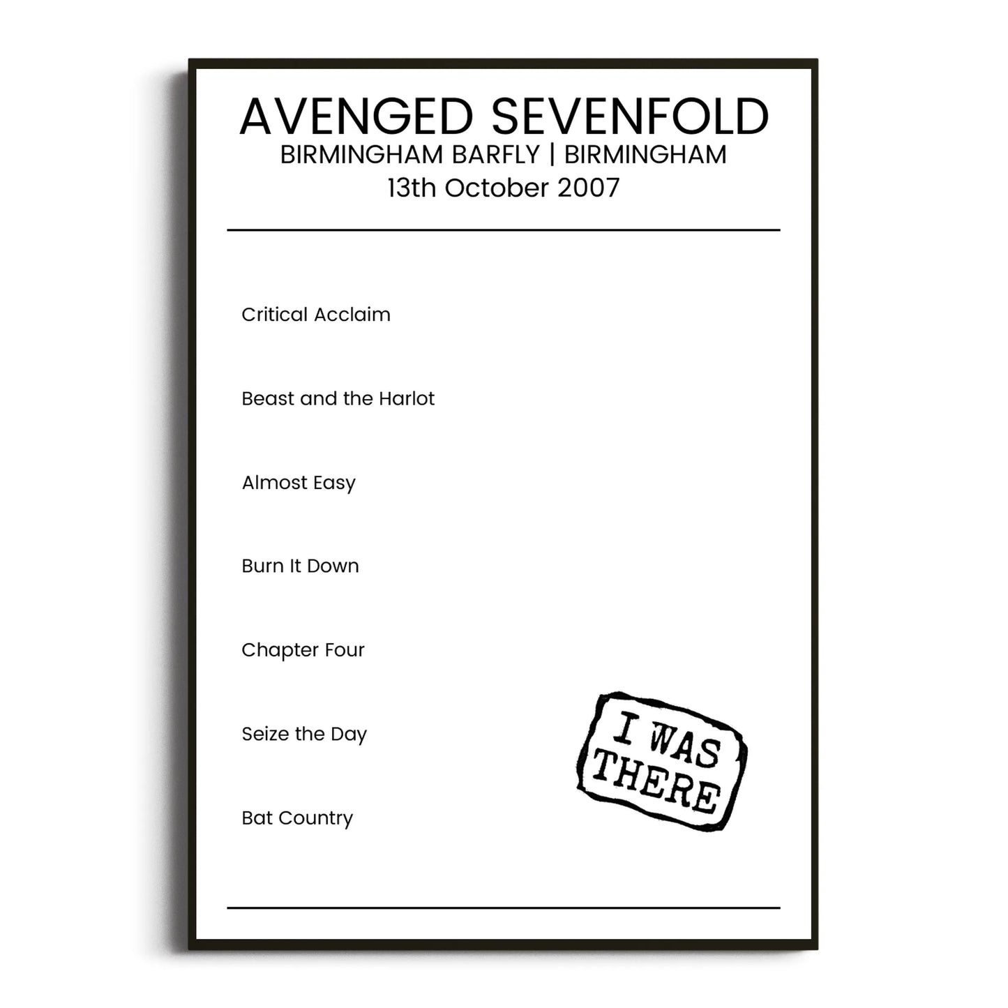 Avenged Sevenfold Birmingham 13 October 2007 Setlist Poster