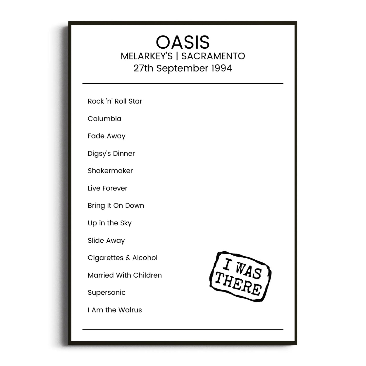 Oasis Sacramento 27 September 1994 Setlist Poster