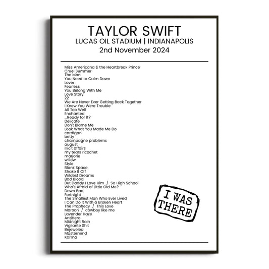 Taylor Swift Indianapolis 02 November 2024 Setlist Poster