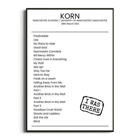 Korn Manchester 28 March 2012 Setlist Poster