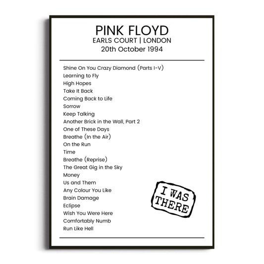 Pink Floyd London 20 October 1994 Setlist Poster