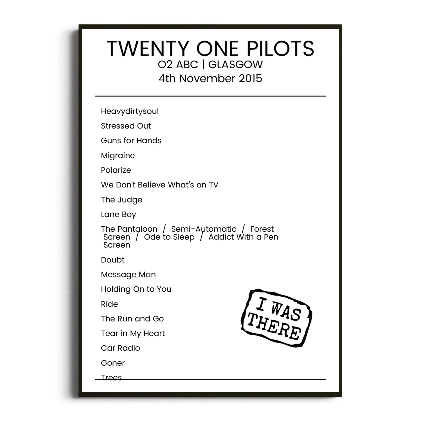 Twenty One Pilots Glasgow 04 November 2015 Setlist Poster