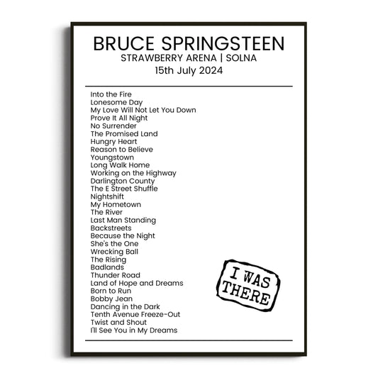 Bruce Springsteen Solna 15 July 2024 Setlist Poster