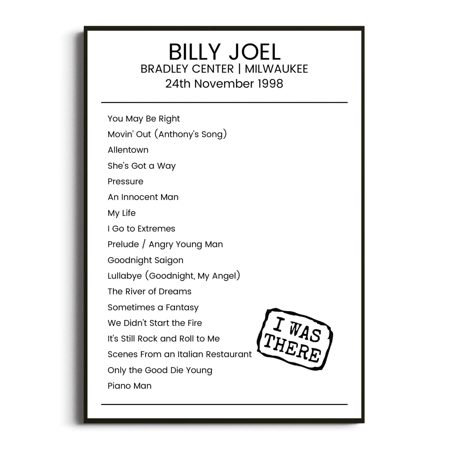 Billy Joel Milwaukee 24 November 1998 Setlist Poster