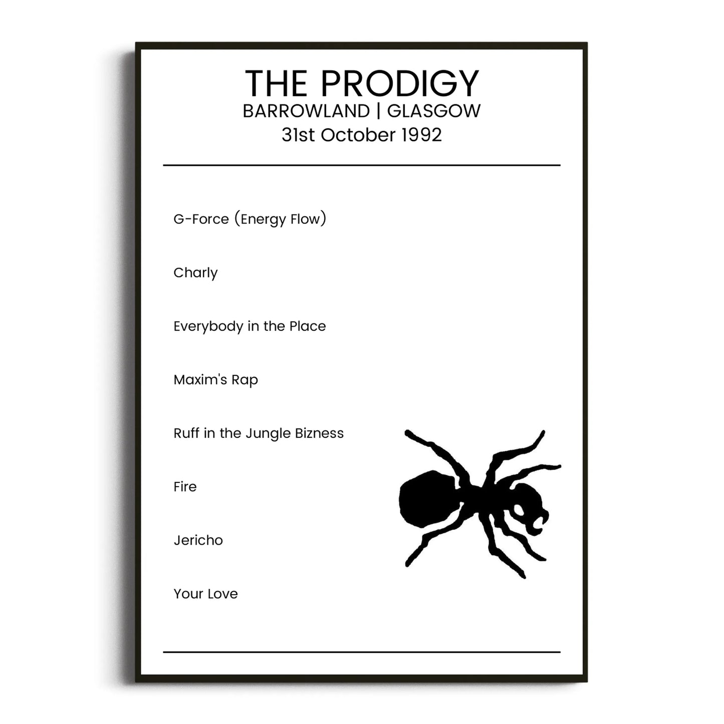 The Prodigy Glasgow 31 October 1992 Setlist Poster