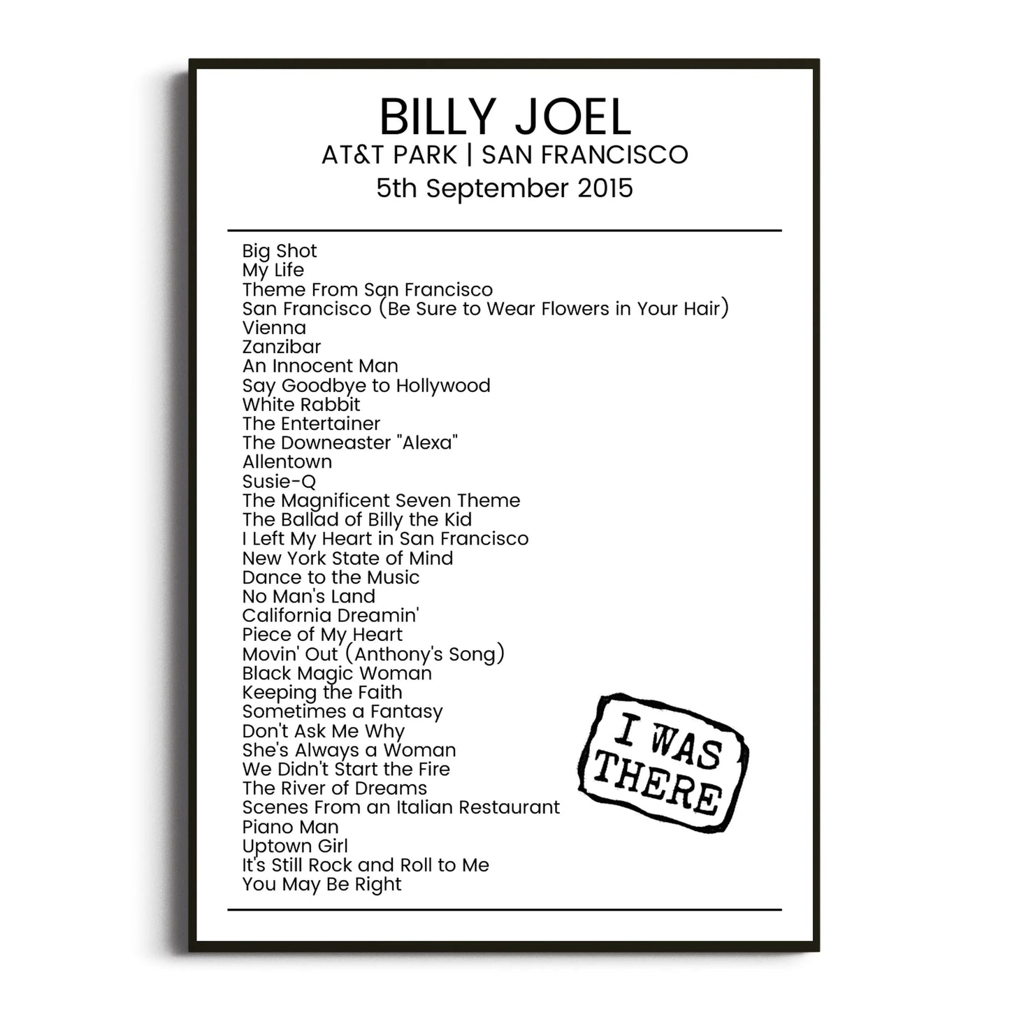 Billy Joel San Francisco 05 September 2015 Setlist Poster