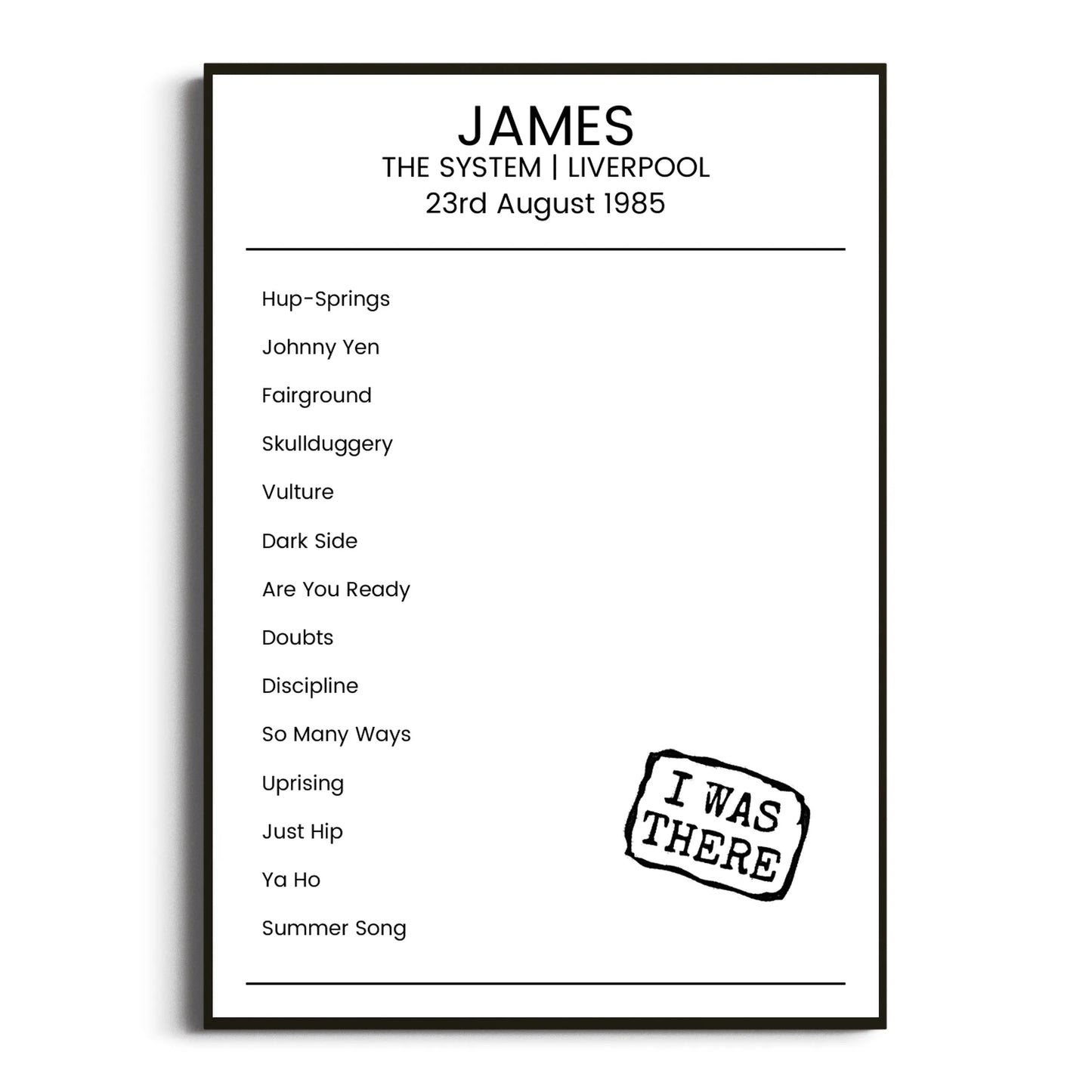 James Liverpool 23 August 1985 Setlist Poster