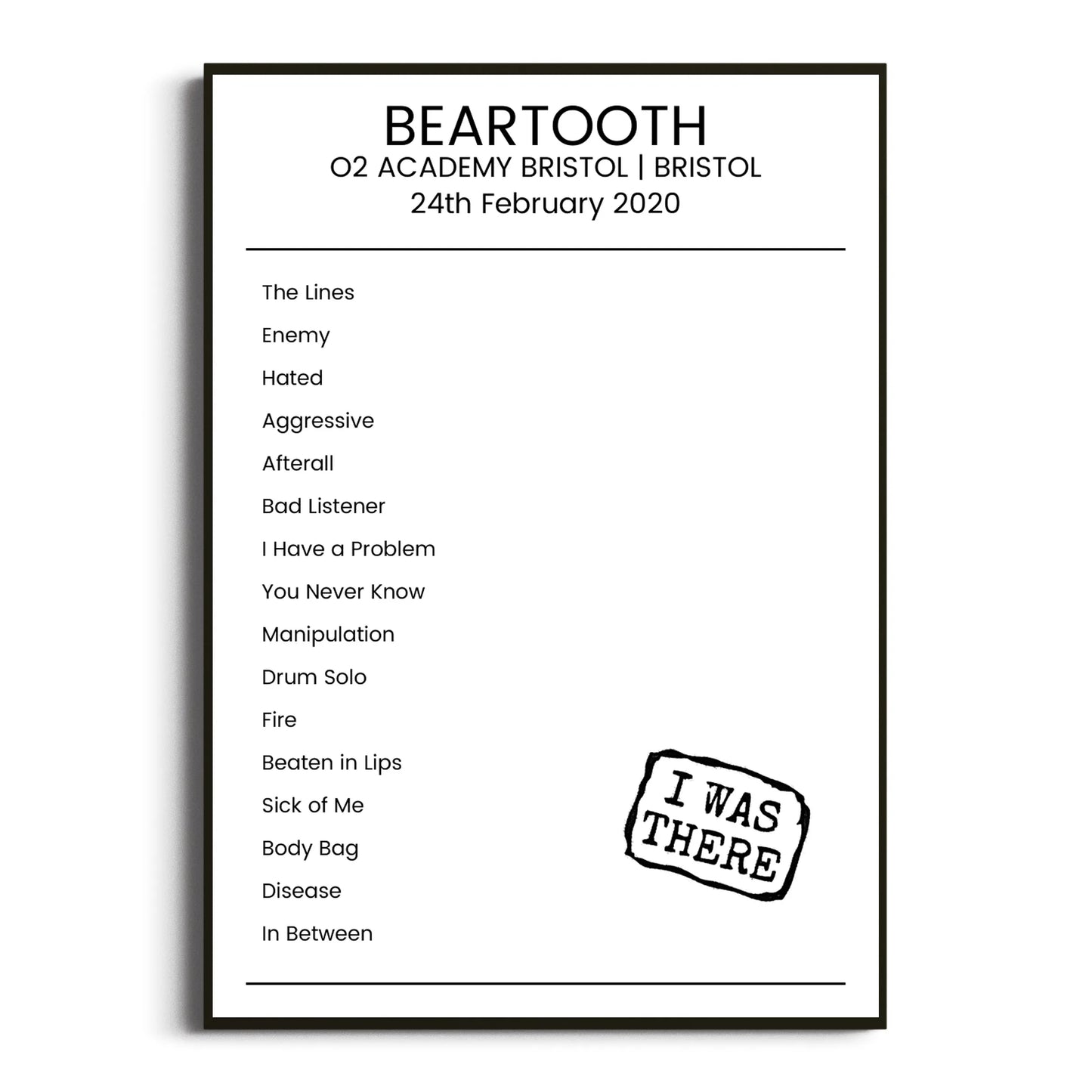 Beartooth Bristol 24 February 2020 Setlist Poster