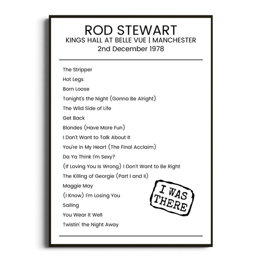 Rod Stewart Manchester 02 December 1978 Setlist Poster