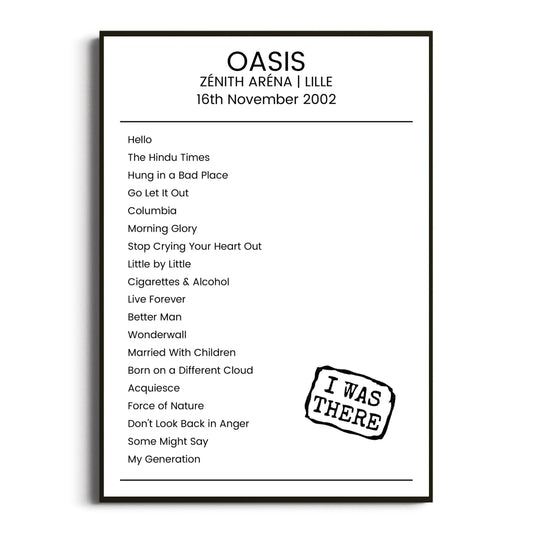 Oasis Lille 16 November 2002 Setlist Poster