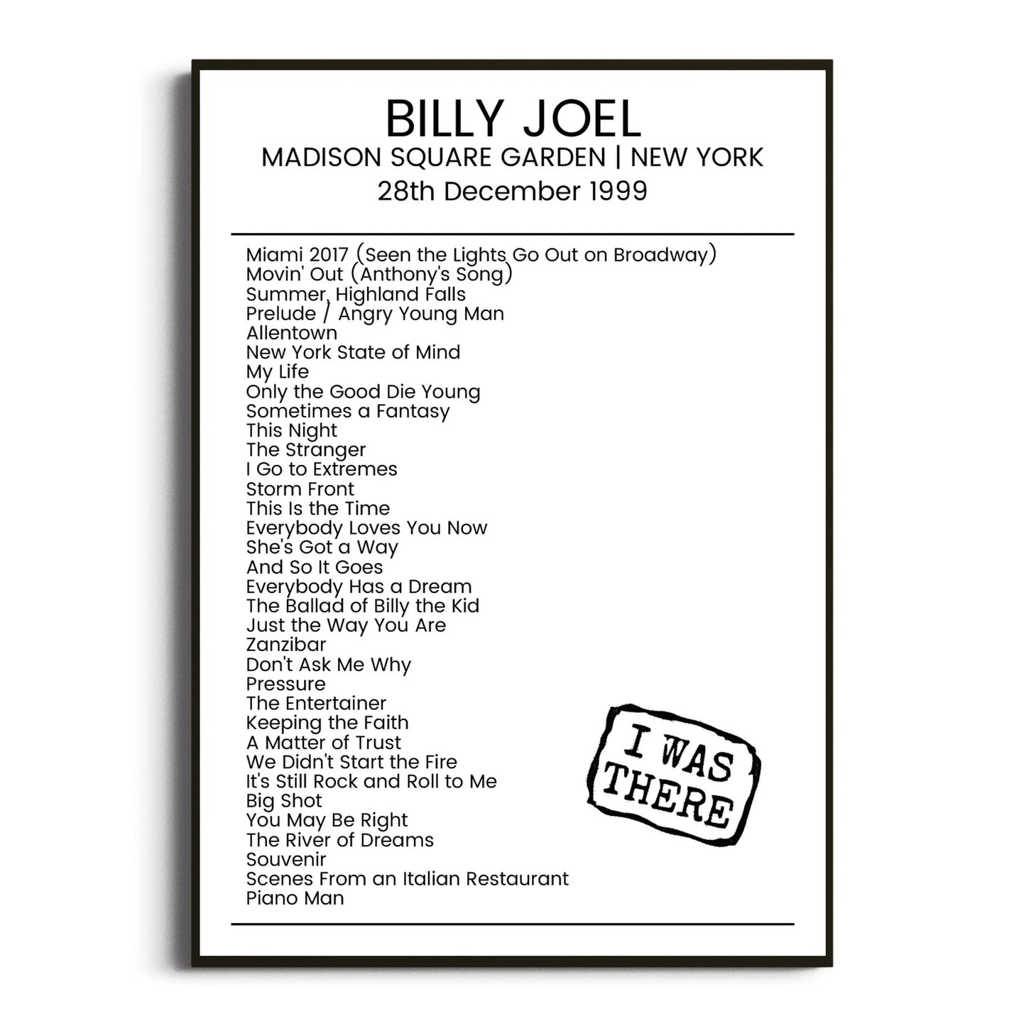 Billy Joel New York 28 December 1999 Setlist Poster