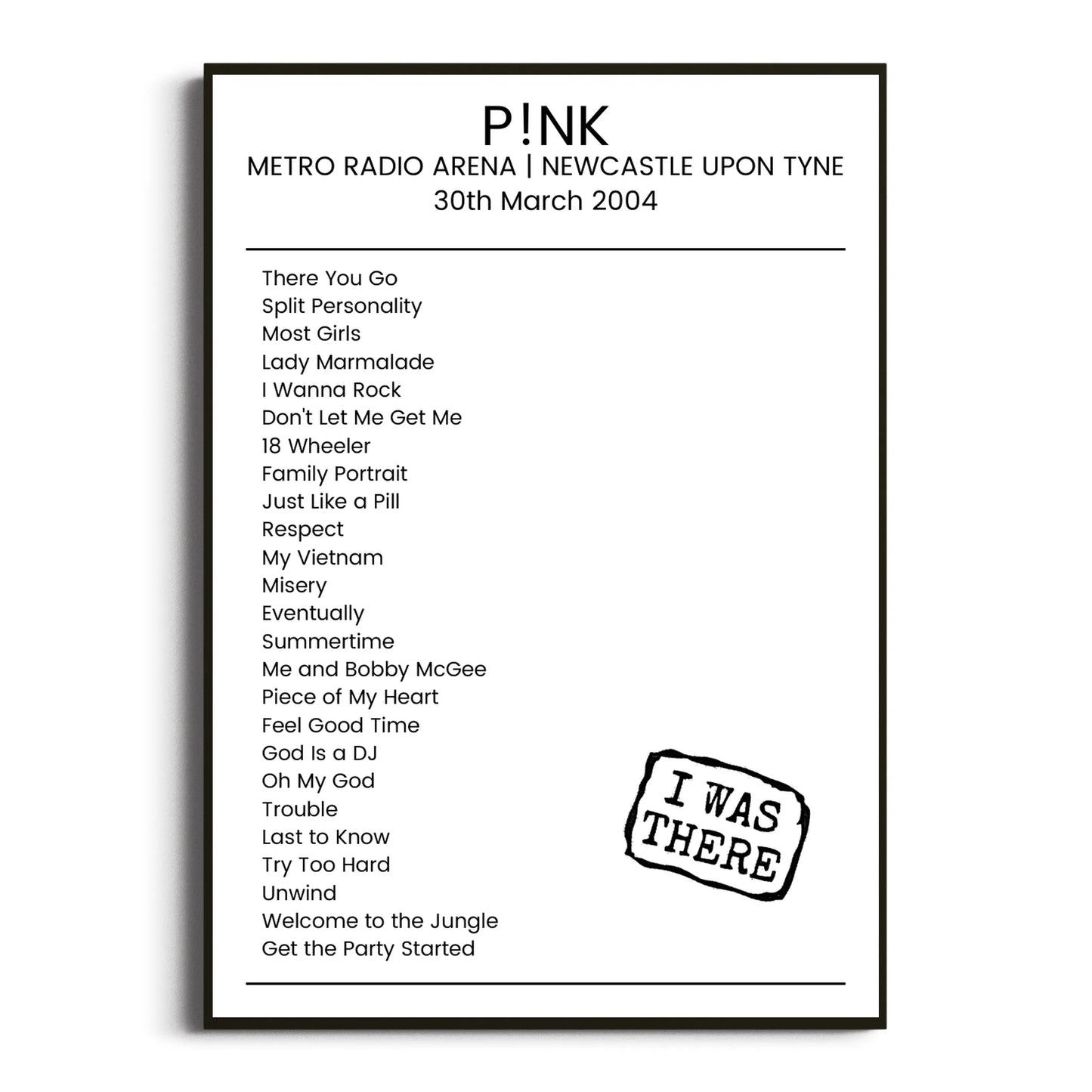 P!nk Newcastle upon Tyne 30 March 2004 Setlist Poster