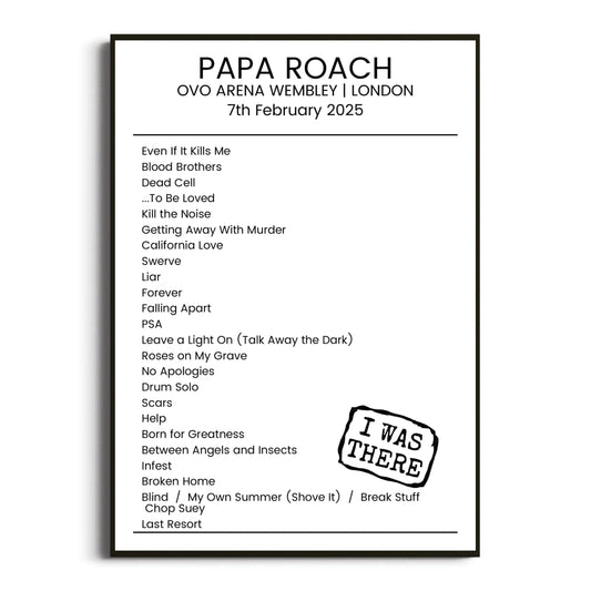 Papa Roach London 07 February 2025 Setlist Poster