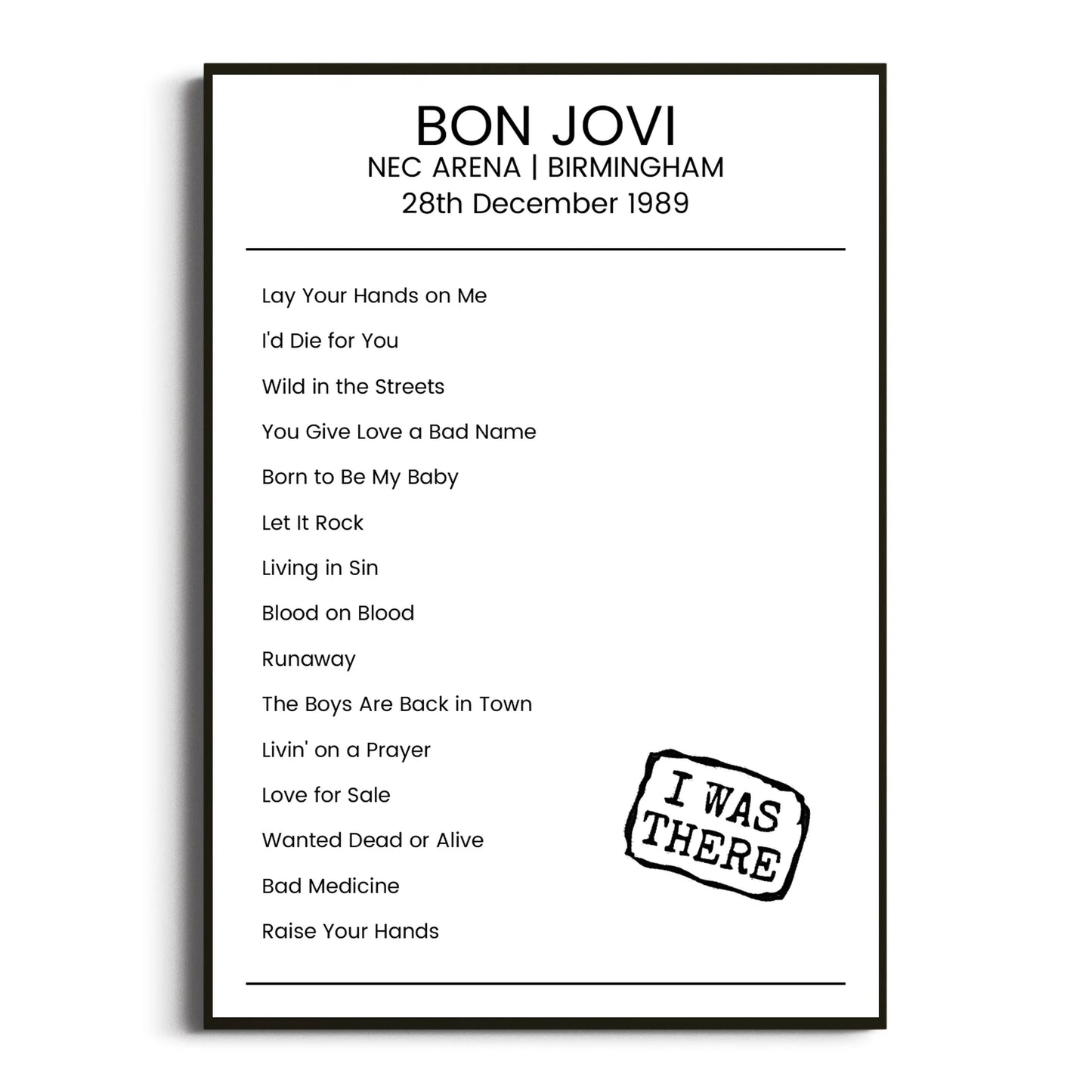 Bon Jovi Birmingham 28 December 1989 Setlist Poster