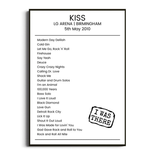 KISS Birmingham 05 May 2010 Setlist Poster