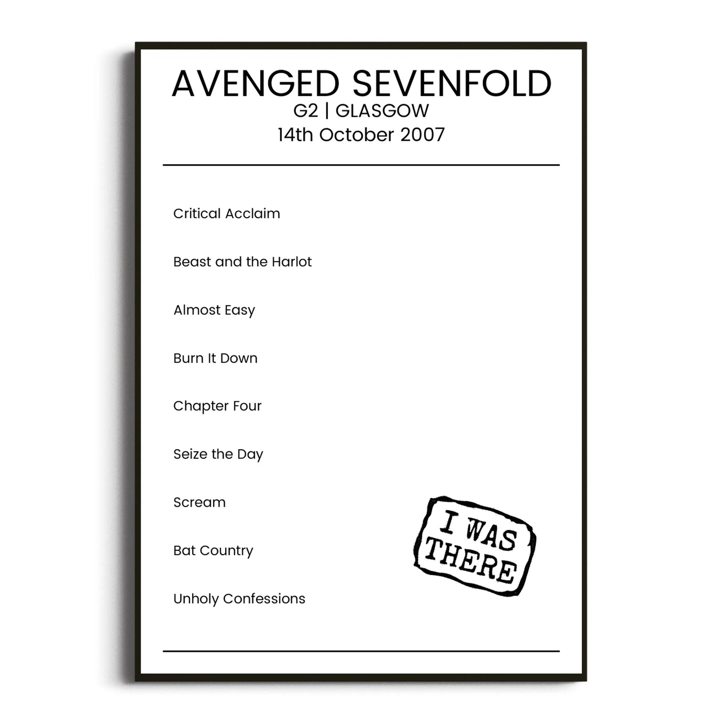 Avenged Sevenfold Glasgow 14 October 2007 Setlist Poster