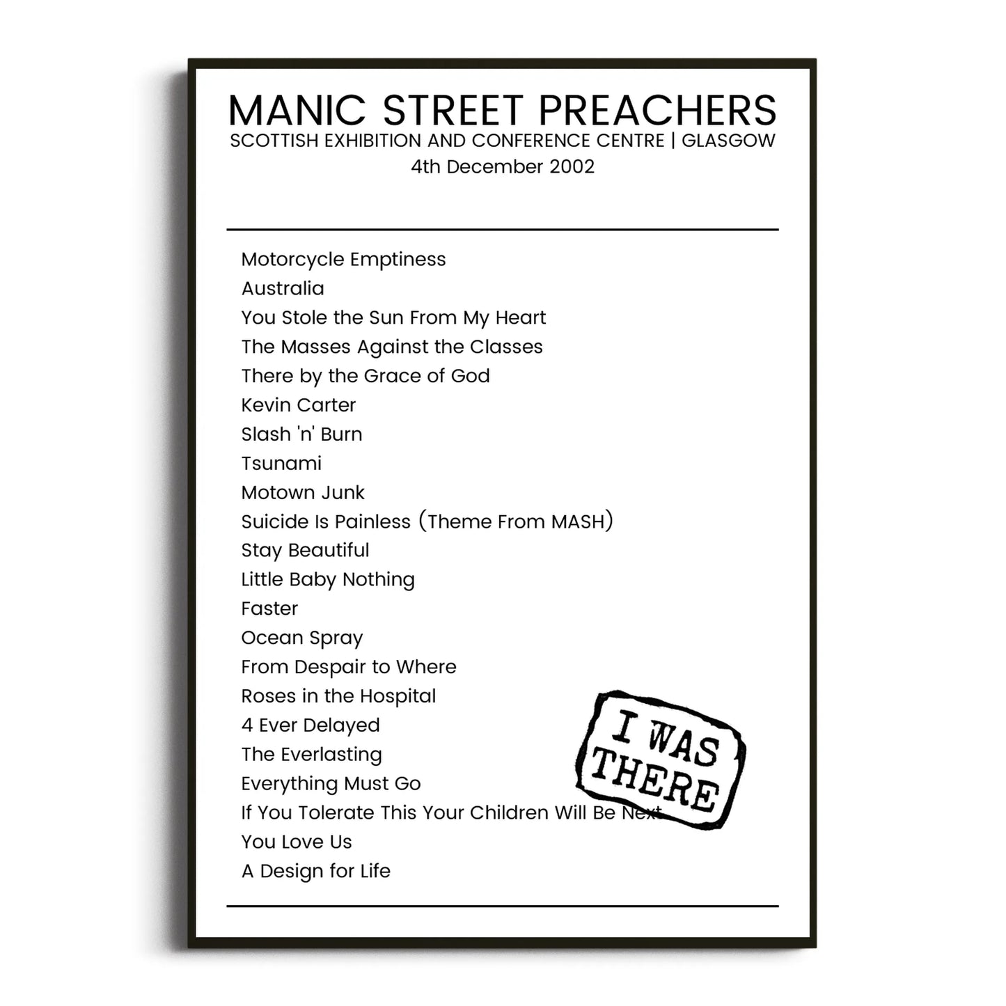 Manic Street Preachers Glasgow 04 December 2002 Setlist Poster