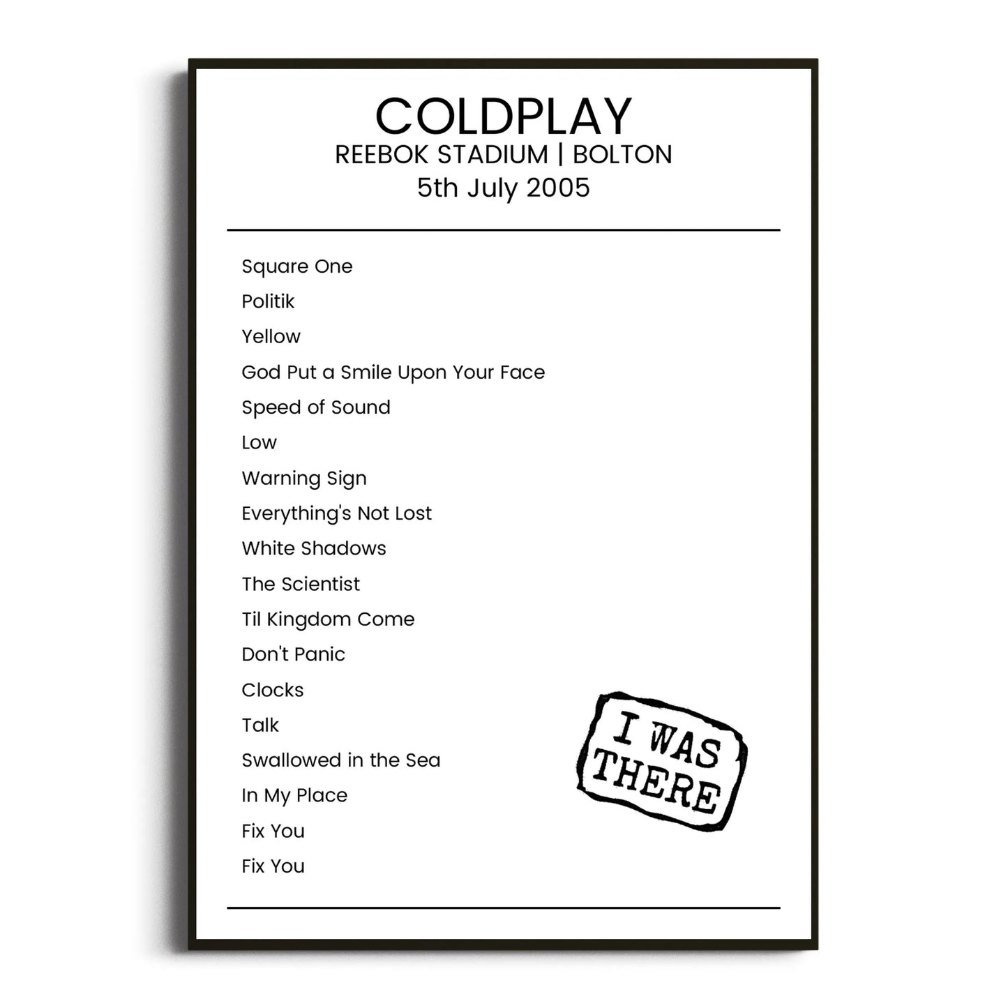 Coldplay Bolton 05 July 2005 Setlist Poster