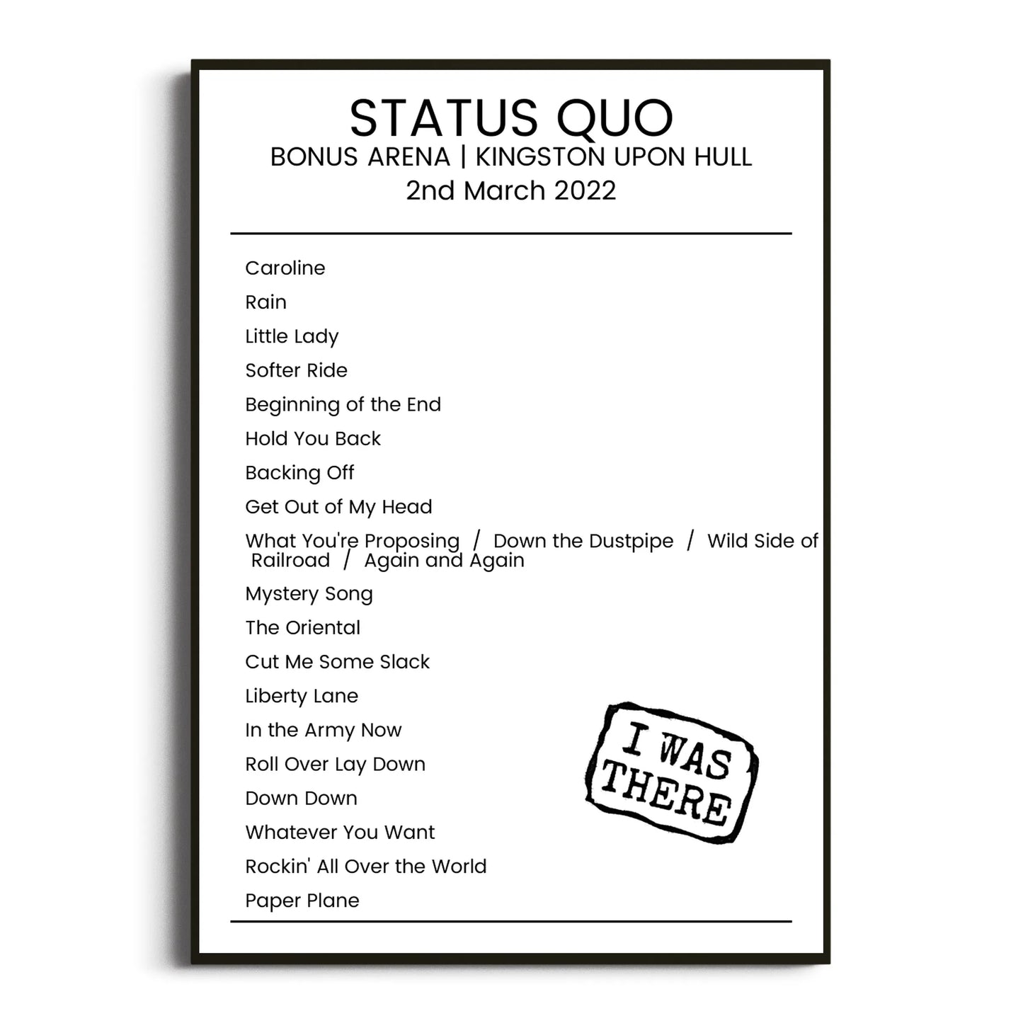 Status Quo Kingston upon Hull 02 March 2022 Setlist Poster