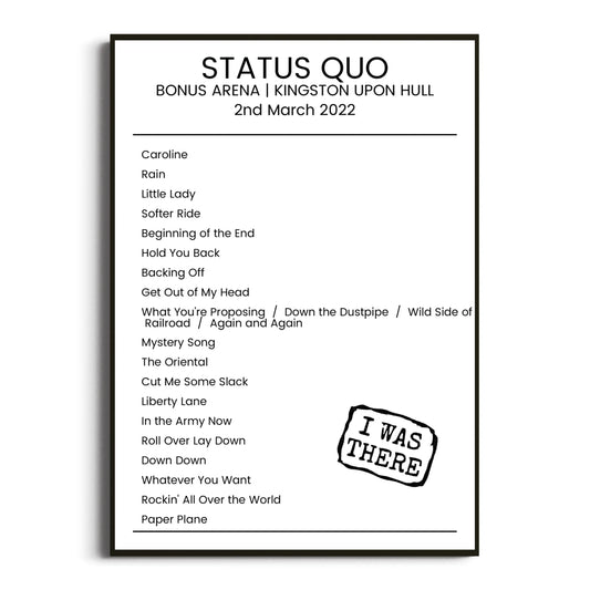 Status Quo Kingston upon Hull 02 March 2022 Setlist Poster