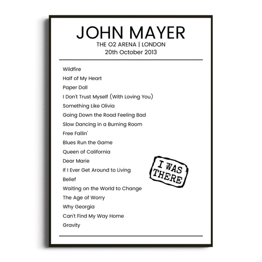 John Mayer London 20 October 2013 Setlist Poster