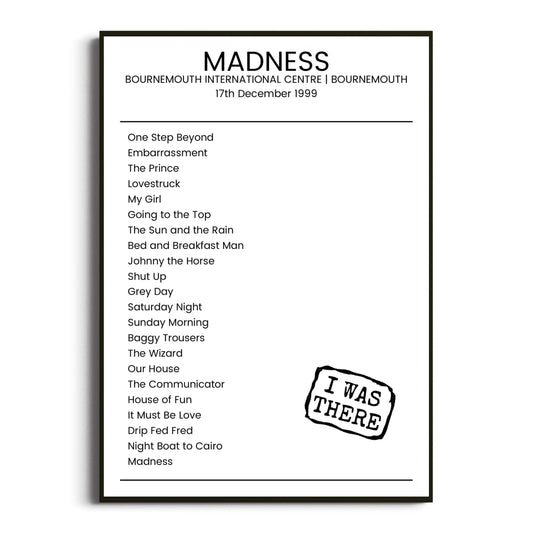 Madness Bournemouth 17 December 1999 Setlist Poster