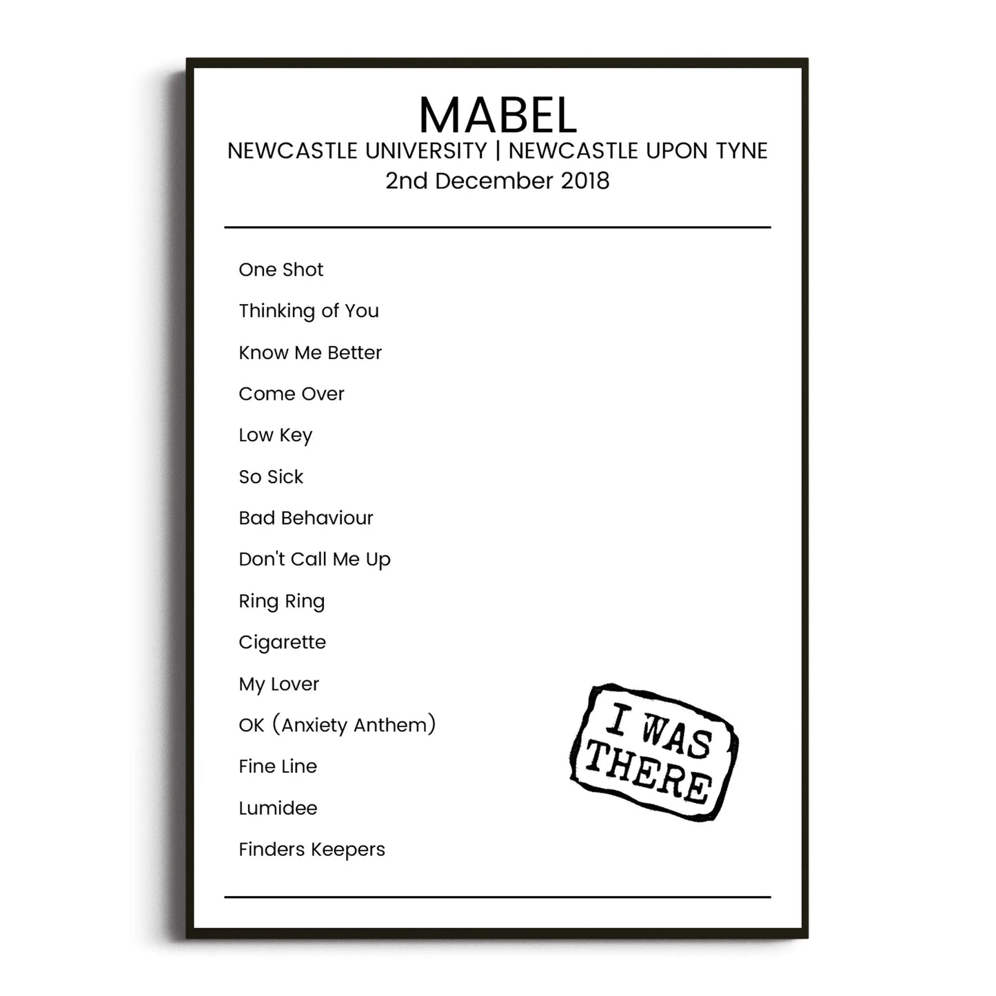 Mabel Newcastle upon Tyne 02 December 2018 Setlist Poster